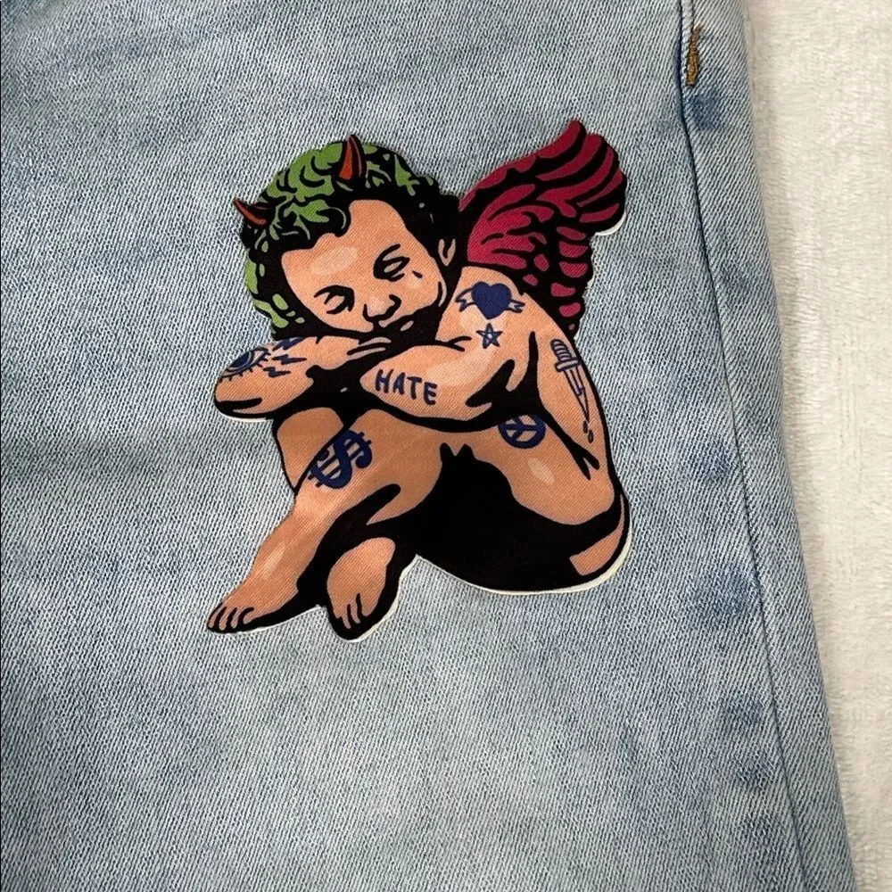 Roku Studio Light Blue Jeans with Angel and Money Bag Patches!